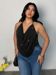 Firerie Camiseta de mujer de talla grande de unicolor con cuello drapeado con strass - Negro - Ver 1