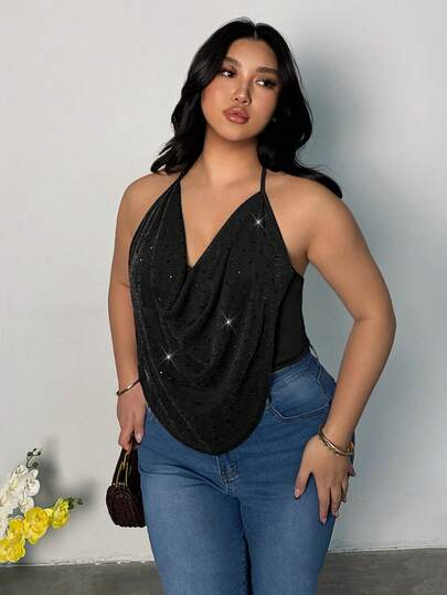 Firerie Plus Size Women Solid Color Rhinestone Draped Neck Fashionable Camisole