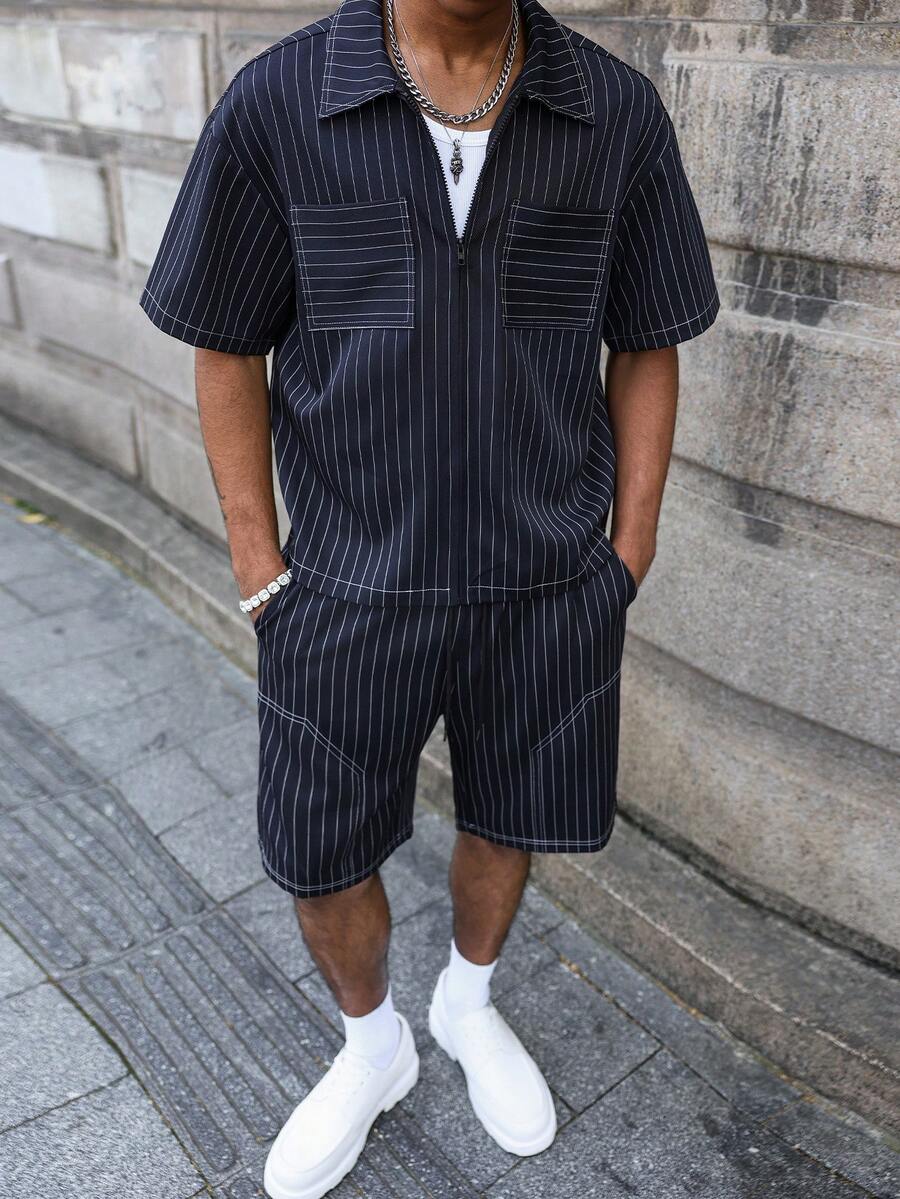 Manfinity EMRG Bộ trang phục nam gồm áo sơ mi kẻ sọc, phù hợp cho việc đi làm hàng ngày và dạo chơi. - Màu xanh hải quân - Xem 1