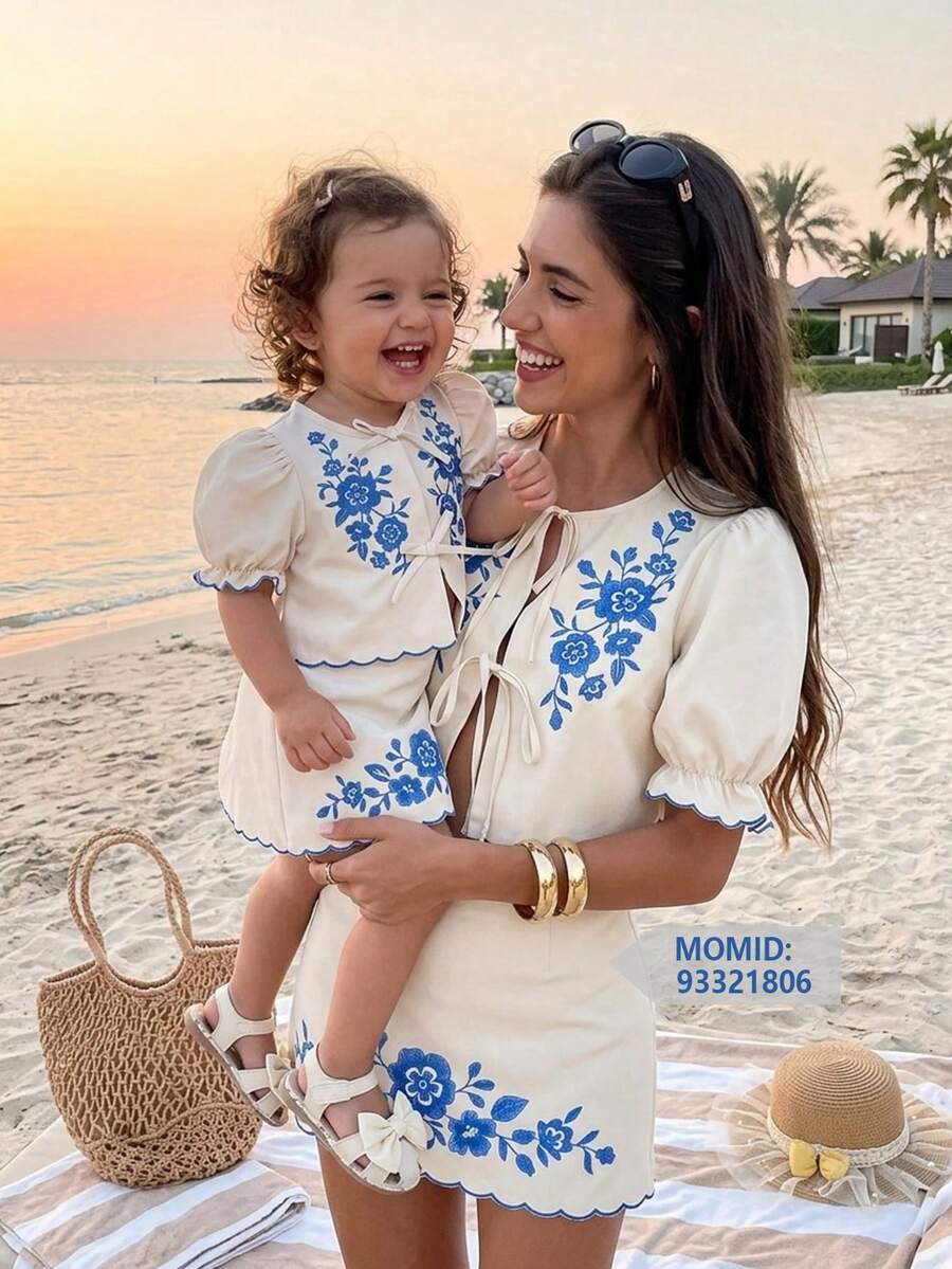 Travachic KIDS Travachic KIDS 女嬰可愛花卉印花短袖上衣與迷你裙套裝,休閒度假穿搭 - 白色 - 查看 1