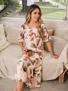 Serenescape Floral Print Patchwork Ruffle Hem Vacation Short Sleeve Women Nightgown - Multicolor - View 5