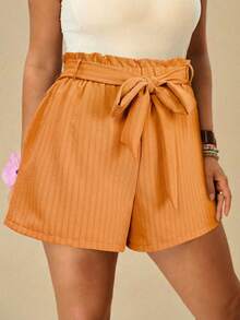 Travachic Plus Size Women Ruffle Waist Loose Orange Shorts Vacation Summer - Orange - View 1