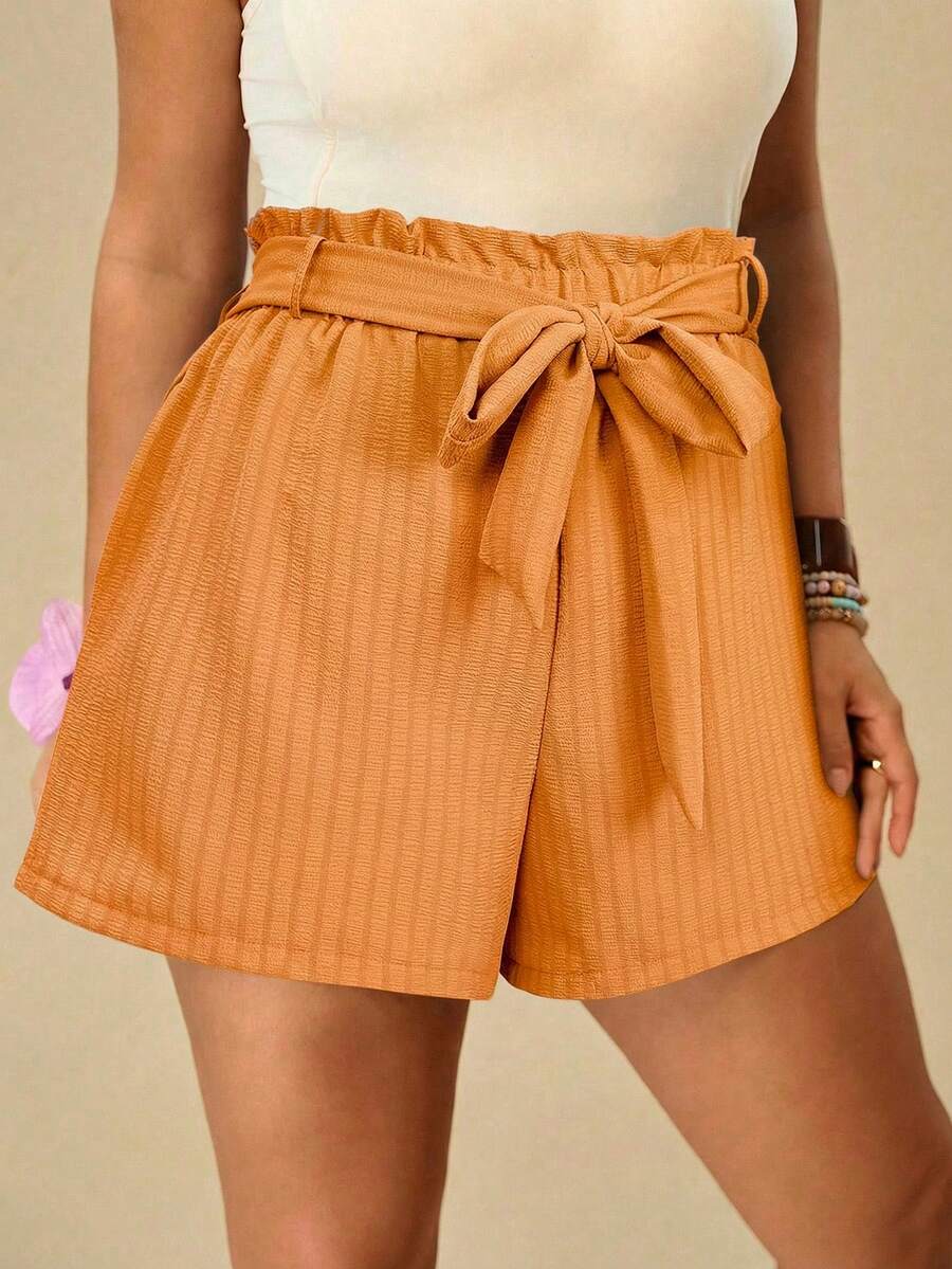 Travachic Plus Size Women Ruffle Waist Loose Orange Shorts Vacation Summer - Orange - View 1