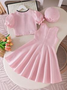 SHEIN 女童粉色竹编结泡泡袖外套，搭配同款拉链连衣裙，外套正面饰有蝴蝶结，配有3颗仿珍珠纽扣，时尚优雅，适合日常、通勤、派对等场合。 - 粉色 - 查看 2