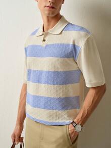 RONVEXI Men's Blue And White Stripe Knit Polo Shirt,Summer Casual Short Sleeve Top,Breathable Lightweight Retro Outfit For Graduation,Back-To-School,Beach - Blue and White - View 4
