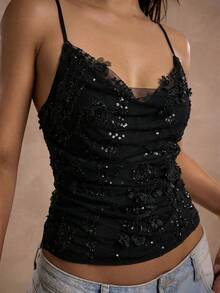 SHEIN BAE Áo hai dây gợi cảm cổ chữ V sâu đính sequin dành cho nữ - màu đen - Xem 1