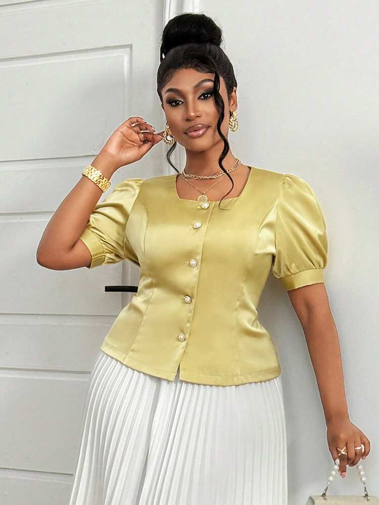 Dazy Plus Plus Size Women's Elegant Petal Sleeve Cropped Cardigan Shirt, Fitted Waist, Satin Fabric, Casual Commute Spring/Summer