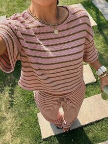 Muchica Women's Summer New Textured Dusty Pink Stripe Loose Short Sleeve T-Shirt And Pants Set, Casual Vacation Outfits 2 Pieces Set Loungewear Brunch Travel - Pink - View 6
