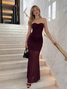 Firerie Women's Elegant Romantic Strapless Ruched Dress With Mesh Overlay, Suitable For Wedding - Red Violet - View 2