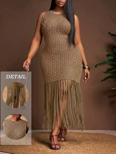 Veslaya Spring/Summer New Arrivals. Elegant And Sophisticated, Perfect For Vacations, Dates, Parties, Dinners, Birthday Parties, Everyday Outings, Wedding Season, Graduation Season, Family Gatherings, French Style, And Parties. Slim-Fit Solid Burgundy, Sleeveless Round Neck, Tassel Hem, Crocheted Jacquard, Plus-Size Long Dress For Women.