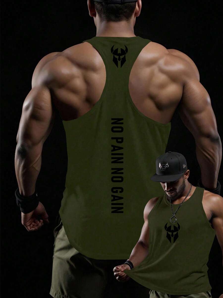 GymBeat Camiseta de tirantes de hombre con estampado muscular de moda - Verde militar - Ver 1