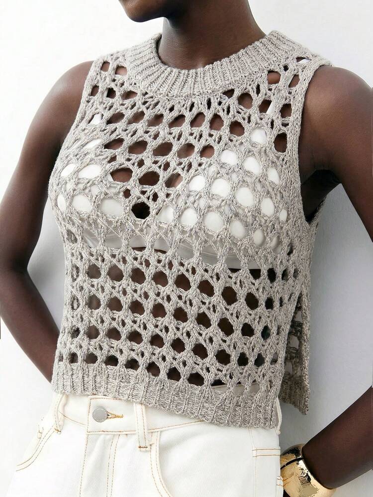 SHEIN Maija 2026 Spring & Summer Outfits Solid Color Round Neck Side Slit Short Hollow See-Through Knitted Klein Blue Blouse, Vacation Style Women Clothes, For Outdoor Wear Sheer Top,Beach Outfit For Women,Vacation Outfits Women