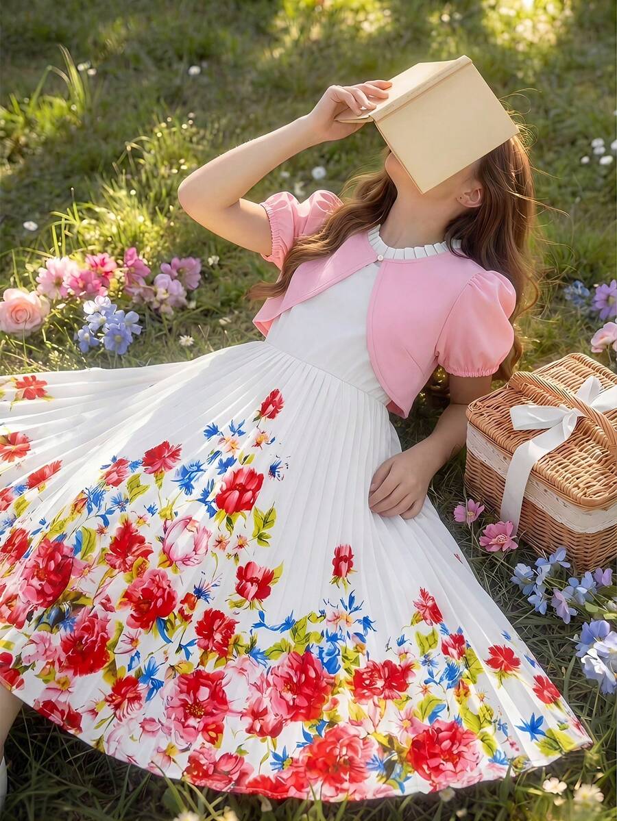 SHEIN Bộ đồ 2 món dành cho bé gái tuổi teen, váy dệt không tay cổ bèo nhún xếp ly với họa tiết bướm và hoa nhiều màu sắc, kết hợp với áo khoác cardigan ngắn màu trơn, thích hợp cho các dịp thường nhật, du lịch, dự tiệc vào mùa xuân/hè. - Nhiều màu - Xem 1