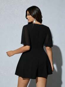 Viva Relle Plus Size Solid Color Deep V-Neck Fashionable Sexy Short Sleeve Jumpsuit - Black - View 6