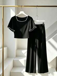 SHEIN Franclia Summer Vacation French Elegant Retro Chic Stretchy Fabric Knit Black Colorblock Ruffle Hem Square Neck Crop Top + Wide Leg Pants Set, Suitable For Halloween Dark Sweet Girl Party, New Year's Eve Cocktail Party, Daily Commute, Summer Vacation, Valentine's Day Date Women Vacation Outfit Sets Women S Holiday Co Ord Women Summer Outfits 2 Piece Womans 2 Piece Sets Women 2 Piece Outfit Black Sets Colorblock Sets Suitable For Date, Daily, Office, Commute, Casual, Vacation Elegant Sets Summer Sets Ytk - Black - View 9