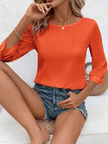 EMERY ROSE Women's Solid Color Round Neck 3/4 Sleeve Casual Blouse - Orange - View 4