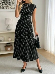 Easowa Đầm nữ chấm bi cổ tròn tay ngắn thanh lịch dài ngang gối - màu đen - Xem 5