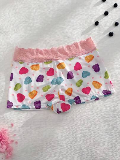 1件蕾丝拼接彩色印花女士平角内裤