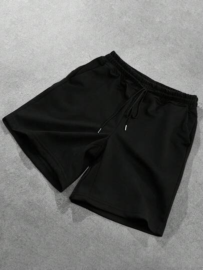 PAVTROS Men Plus款實色束腰短褲，純黑色，尺寸: