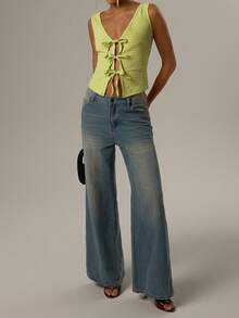 Forever 21 Débardeur casual femme de couleur unie texturé à lacets - Vert - Voir 2