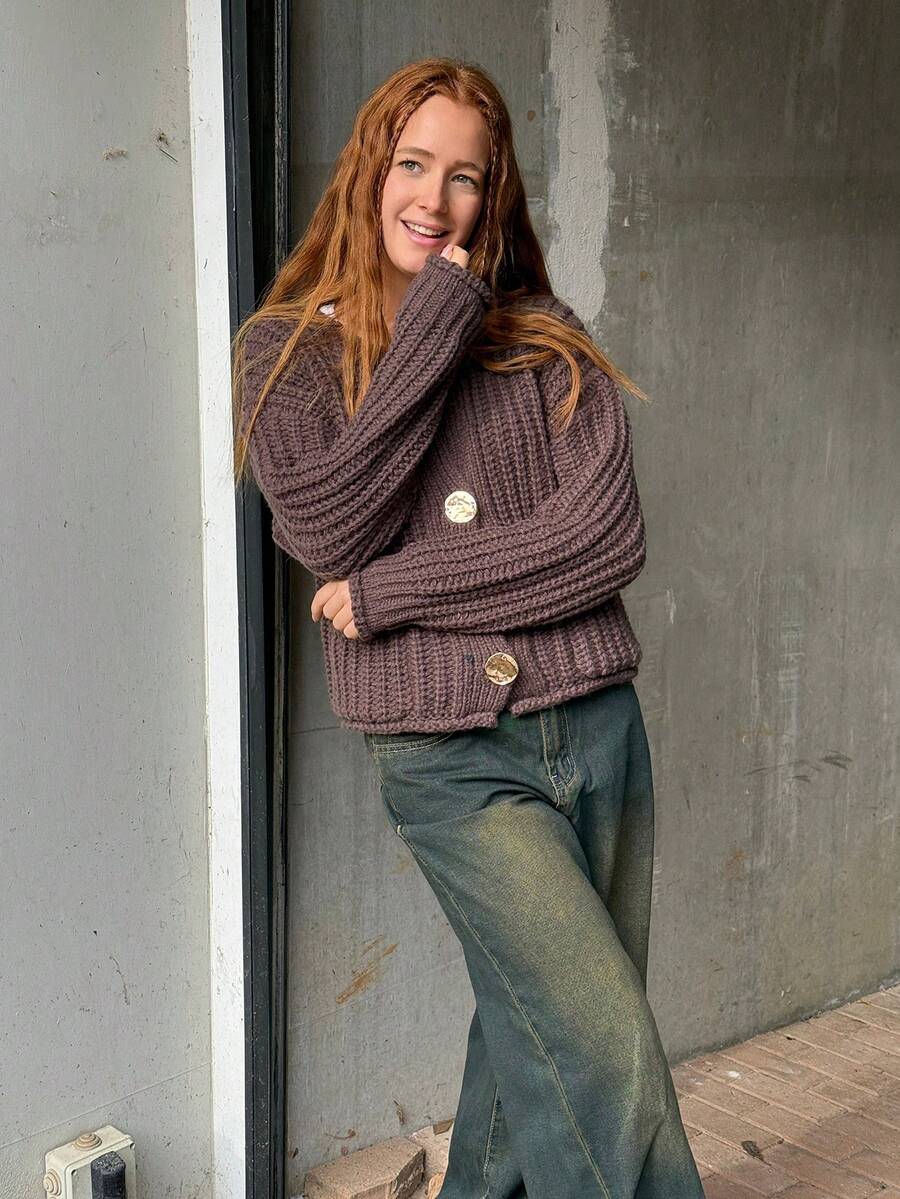 SILVIA DI SANTO 秋冬女士纯色前扣长袖休闲衬衫、针织毛衣 - 咖啡棕 - 查看 1