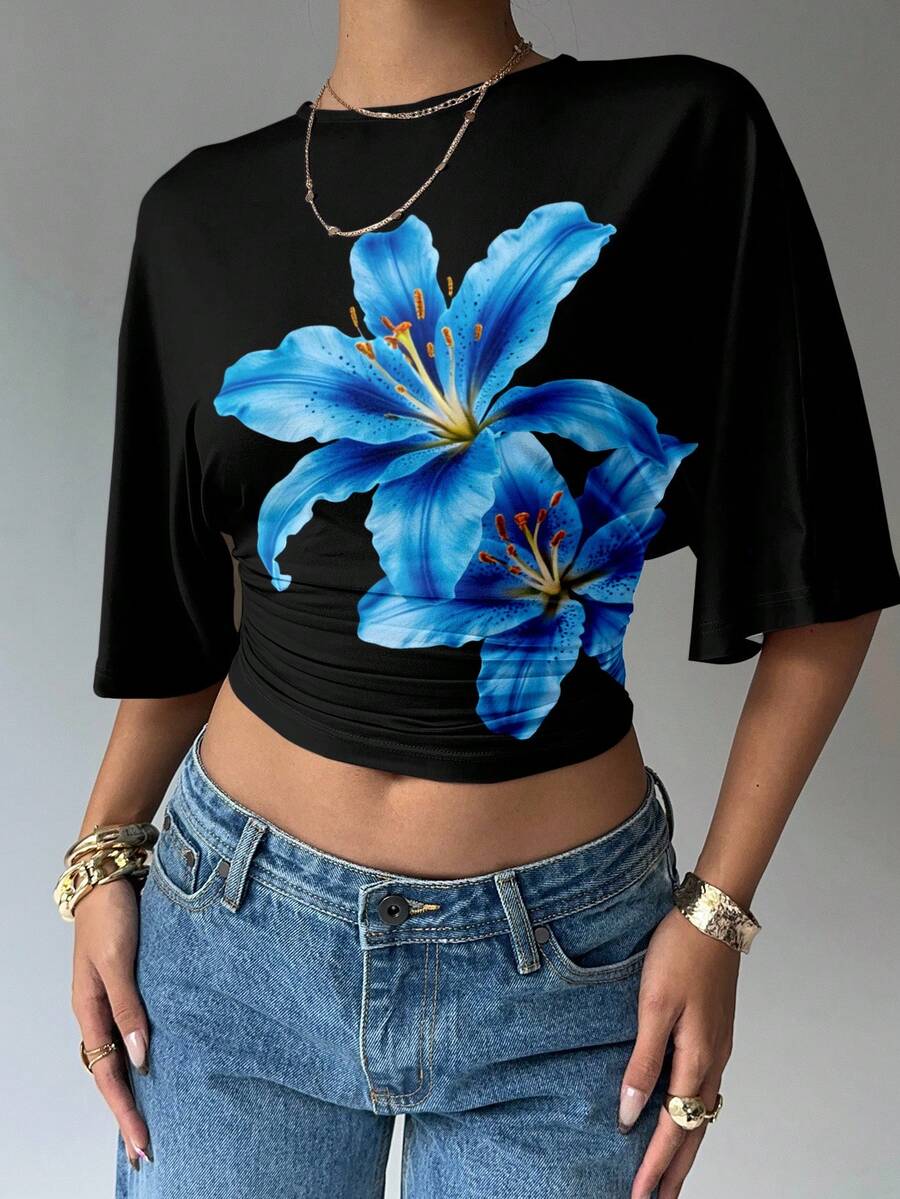 Aloruh Women's Solid Color Round Neck Batwing Sleeve Ruched Design Cropped Fashionable Top,Summer Top - Multicolor - View 1