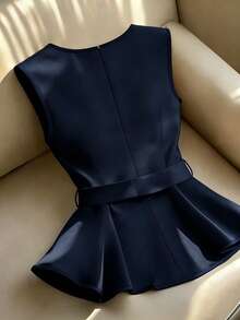 Franclia Women's Elegant Commuter Square Neck Ruffle Hem Camisole Top, Summer - Navy Blue - View 2