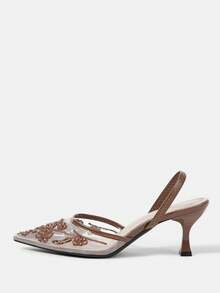 CUCCOO HITCHD Women's Shoes Spring And Summer New Pointed Kitten Heel Flower Lace Embroidery Beaded Brown Mesh Comfortable Elegant Women's High Heels Shoes Slingbacks Bridal Shoes Wedding Dinner Party - dark brown - View 8