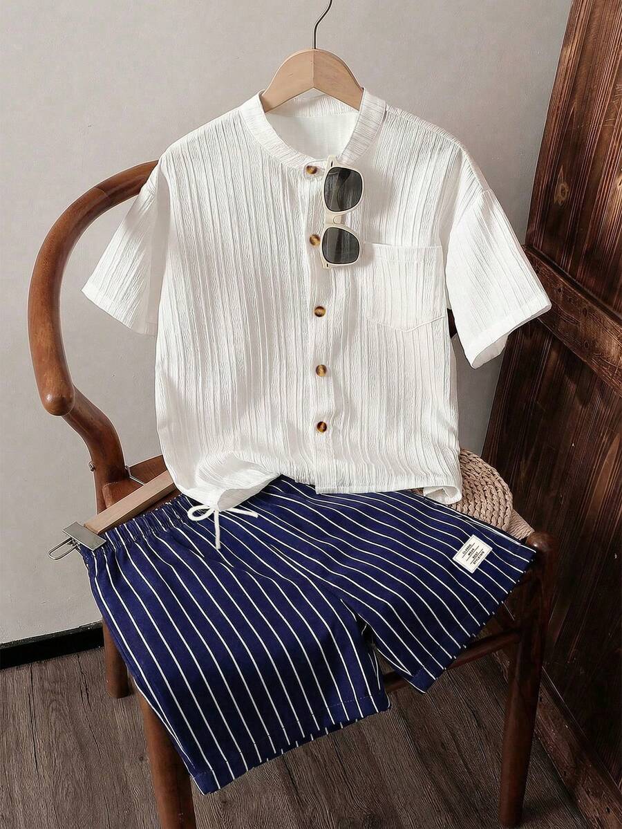 SHEIN Vacaura Tween Boys' Commuter Casual Textured Striped Fabric Stand Collar Shirt & Striped Shorts 2 Pieces Set, Comfortable & Fashionable - Navy Blue - View 1