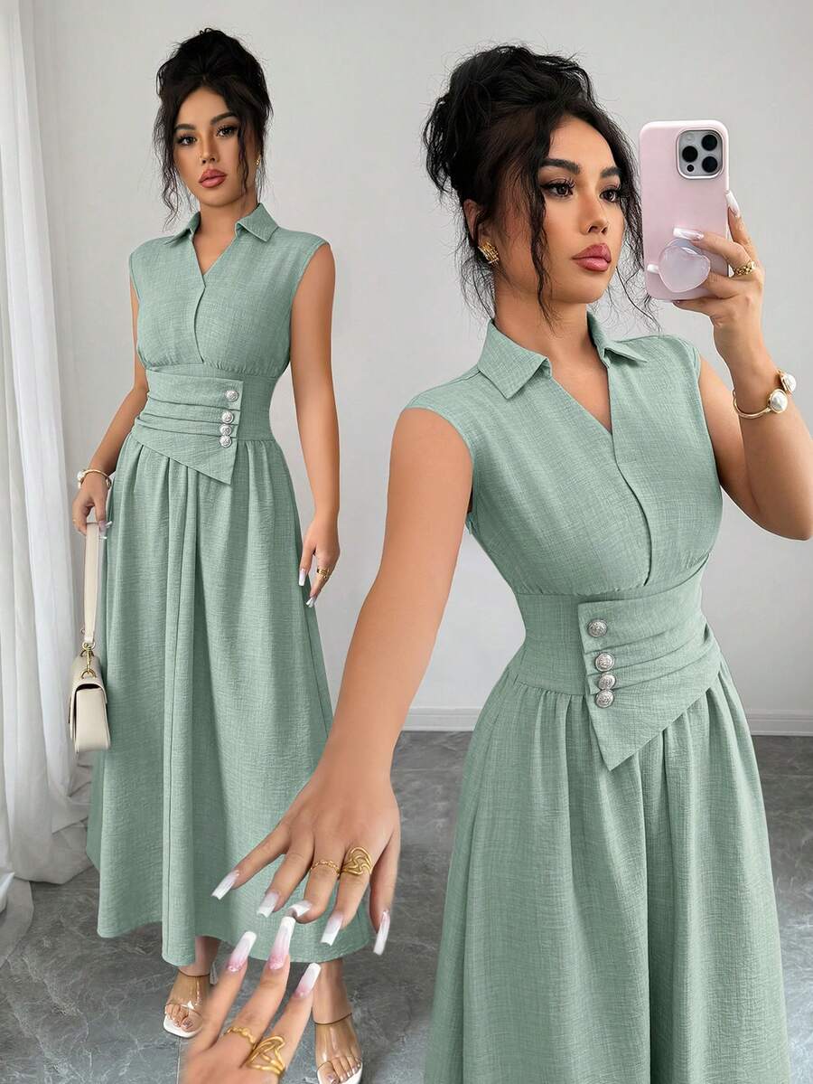 SHEIN Elenzya 女士春夏翻领收腰纯色纹理面料A字长连衣裙,适合通勤、外出等场合 - 灰綠 - 查看 1
