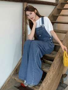 Bộ áo liền quần denim nữ kiểu dáng thường ngày, đa năng, có túi. - Màu xanh lam - Xem 6