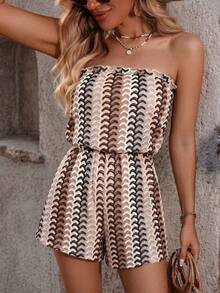 Swim Vcay Women's Summer Beach Ruffled Textured Striped Lace Print Romper - Grey - View 5