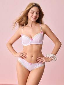 Bộ đồ lót ren 2 món cho nữ, Kawaii - Hồng - Xem 4