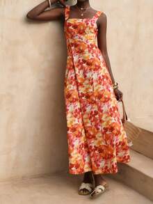 SHEIN Ladiora Women's Summer Casual Vacation Floral Print Backless Tie-Front Dress - Multicolor - View 3