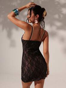 Optris Vestido mini ajustado de cintura ceñida de 2 piezas con contraste de encaje negro y rosa, sexy y elegante para fiesta, boda, cita, vacaciones, playa, versátil - Negro - Ver 2