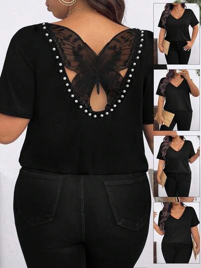 SHEIN CURVE+ Plus Size Women's Elegant Butterfly Embroidery Hollow Back Mesh Faux Pearl Decor Short Sleeve T-Shirt, Vacation Style
