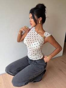 Siren Gaze Women's Summer Black White Polka Dot T-Shirt, Sexy Chic Mesh Metal Buckle Asymmetrical Neckline Short Sleeve Top, Night Out Carnival Party - Apricot - View 4