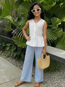 Sparklyn 两件套少女吊带背心衬衫（带蝴蝶结纽扣）和长裤套装 - 白色 - 查看 8