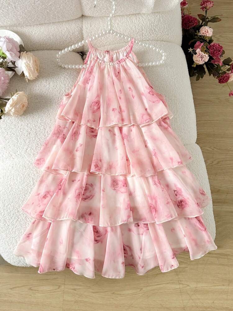 Vestido midi de gasa con estampado floral, escote halter, sin mangas, volantes, elegante y casual para vacaciones - Rosa - Añade 7