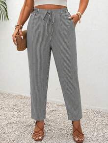 SHEIN Frenchy Plus Size Black & White Striped Pattern Casual Pants With Pockets, Suitable For Daily, Commuting And Vacation Fall - Multicolor - View 1