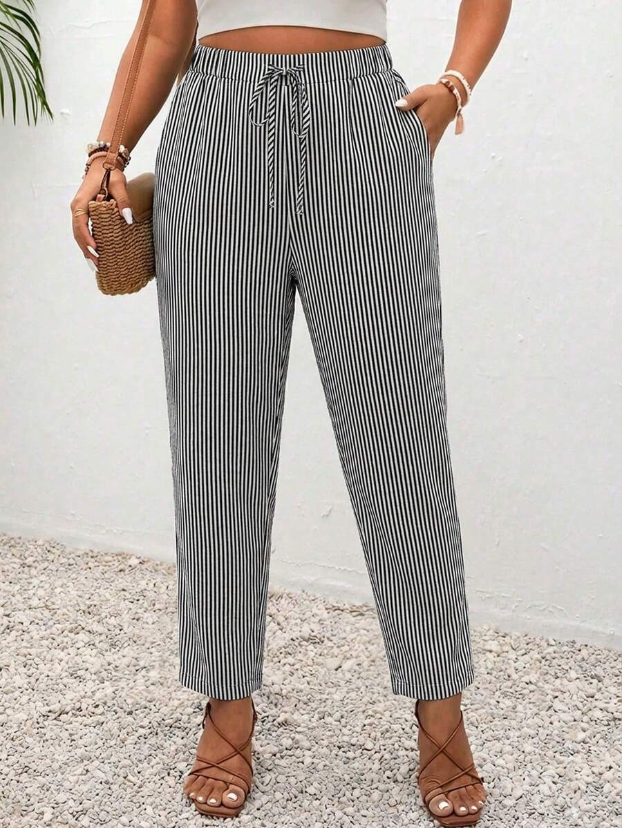 SHEIN Frenchy Plus Size Black & White Striped Pattern Casual Pants With Pockets, Suitable For Daily, Commuting And Vacation Fall - Multicolor - View 1