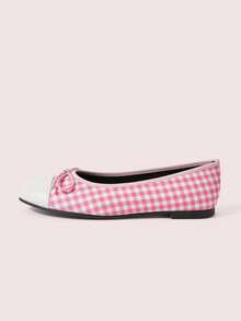 CUCCOO DOLLMOD Ladies Pink And White Plaid Pattern And Butterfly Decoration French Low Vamp Slip-On Ballet Flat-Soled Shoes Upper Two-Color Fabric Plaid Pattern Material Simple, Fashionable And Cute Retro Shoes Suitable For Four Seasons Office Commuting Wear - Pink white - View 2