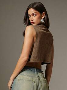 Denimoi Rhinestone Cross Charms Cropped Low Armhole Tank Top, Fashionable, Crop Top - Brown - View 6