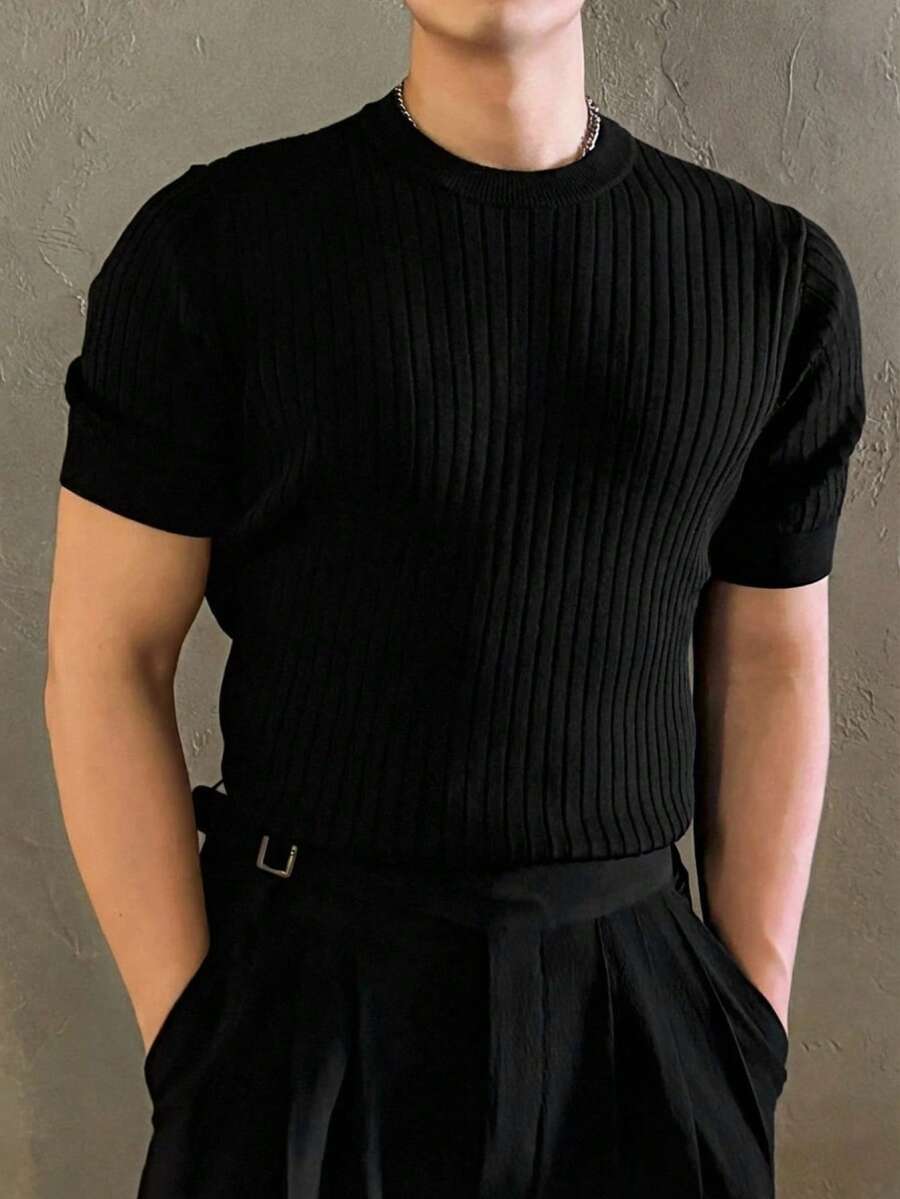 DAZY 男士纯黑色圆领短袖针织上衣 - 黑色 - 查看 1
