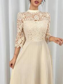 Modelyn Yellow Eyelet Embroidery Patchwork Maxi Long Sleeve Dress For Women - Apricot - View 8