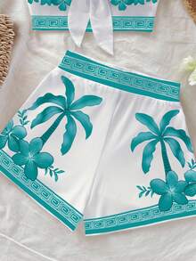 Soleia Women's Vacation Style Coconut Tree Print Bandeau Top And Casual Shorts Swimsuit Set,Vacation Outfits Women - Mint Green - View 3