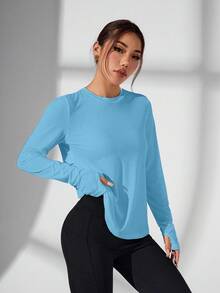 SHEIN Sovereign Charm Áo thun thể thao dài tay tối giản màu trơn, lưng khoét rỗng dành cho nữ, thích hợp cho mùa xuân/thu. - Màu xanh bạc hà - Xem 5