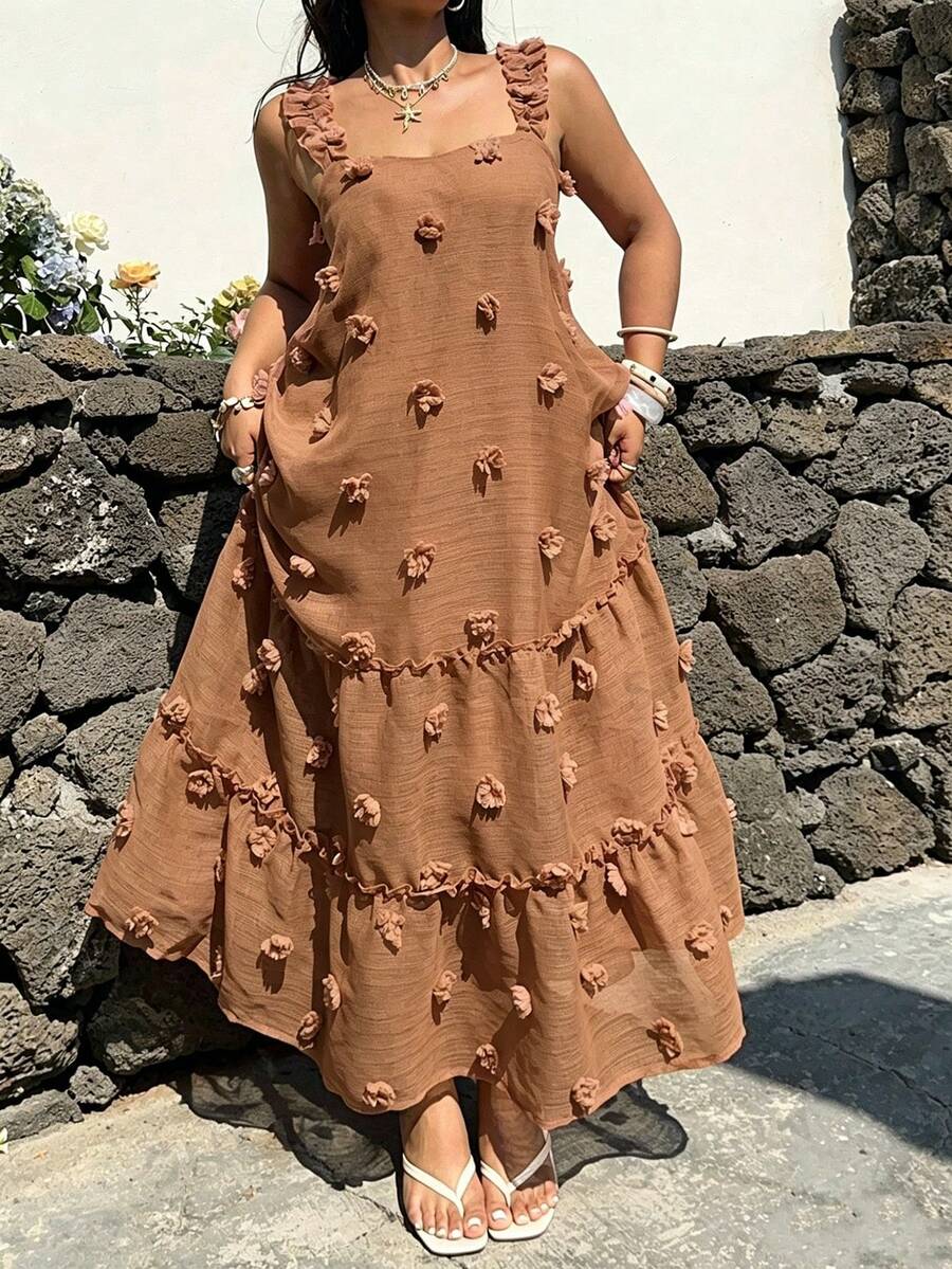Sunnyshic Plus Size Square Neck Spaghetti Strap A-Line Dress, Vacation Style Holiday Chocolate Brown Summer Boho - Brown - View 1