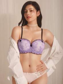 DelicateAllure 女士蕾丝蝴蝶结钢圈文胸 - 紫色 - 查看 5