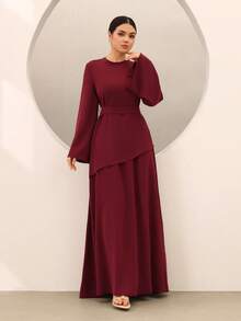 Graceveil 一套女士纯色宽松喇叭上衣和半裙休闲套装 - 酒紅色 - 查看 3